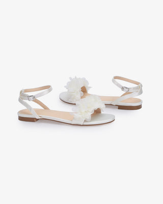 White Satin Flat Sandal with Chiffon Flowers and Ankle Strap, Flower Girl Shoes
