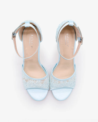 Light Blue Crochet Lace Block Heel Wedding Sandals with ankle strap