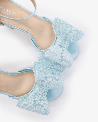 Light Blue Crochet Lace Block Heel Sandals with Oversized Crochet Lace Bow