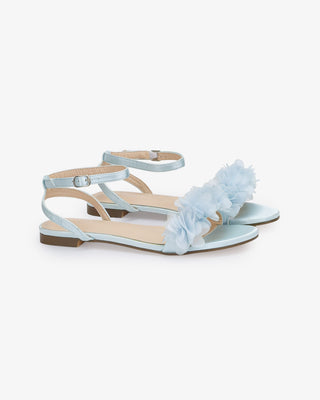 Satin Flat Sandal with Chiffon Flowers and Ankle StrapWomen Shoes