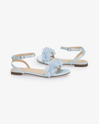 Satin Flat Sandal with Chiffon Flowers and Ankle StrapWomen Shoes