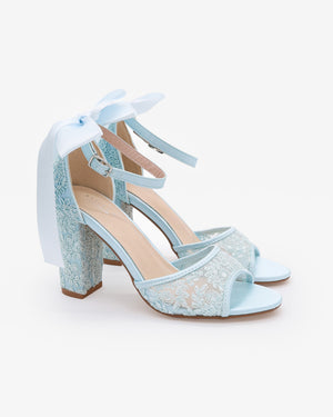 Crochet Lace Block Heel Sandals with Satin Back Bow