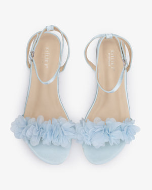 Satin Flat Sandal with Chiffon Flowers and Ankle Strap