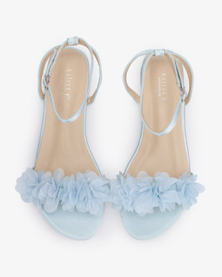 Light Blue Satin Flat Sandal with Chiffon Flowers and Ankle Strap, Flower Girl Shoes