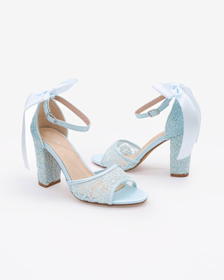 Light Blue Crochet Lace Block Heel Sandals with Satin Back Bow