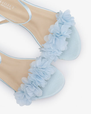 Light Blue Satin Flat Sandal with Chiffon Flowers and Ankle Strap, Flower Girl Shoes