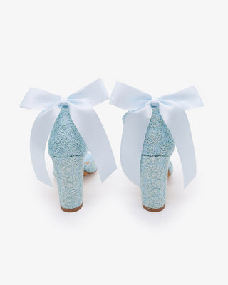 Light Blue Crochet Lace Block Heel Sandals with Satin Back Bow