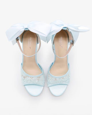 Light Blue Crochet Lace Block Heel Sandals with Satin Back Bow