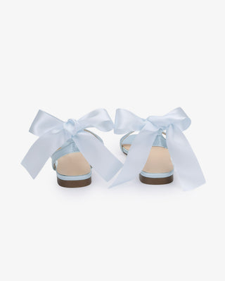 Light Blue Girls Satin Flat Sandal with Wrapped Satin Tie, Flower Girls Shoes
