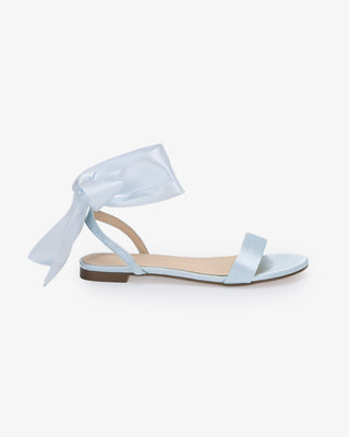 Light Blue Girls Satin Flat Sandal with Wrapped Satin Tie, Flower Girls Shoes