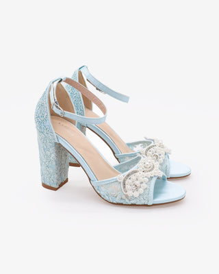 Light Blue Crochet Lace Block Heel Sandals with Small Pearls Applique