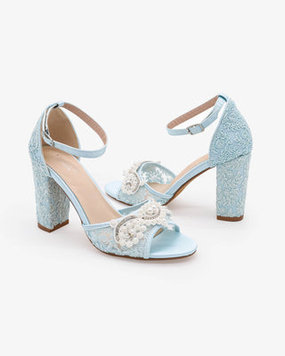 Light Blue Crochet Lace Block Heel Sandals with Small Pearls Applique