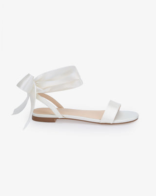 White Girls Satin Flat Sandal with Wrapped Satin Tie, Flower Girls Shoes