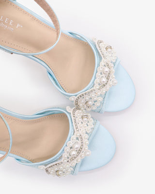 Light Blue Crochet Lace Block Heel Sandals with Small Pearls Applique