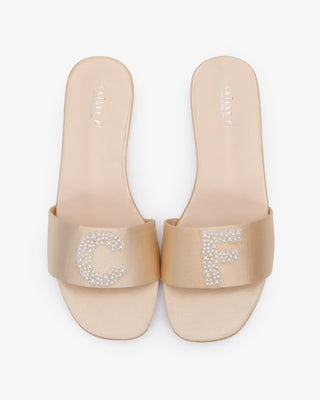 Personalized Satin Slip On Flat Wedding Sandals with All Pearls Letter