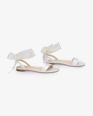 White Girls Satin Flat Sandal with Wrapped Satin Tie, Flower Girls Shoes
