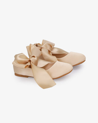Champagne Satin Ballet Flats with Ankle Tie or Ballerina Lace Up - Satin Ankle Tie Side View