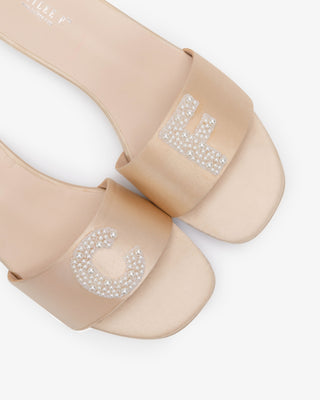 Personalized Satin Slip On Flat Wedding Sandals with All Pearls Letter
