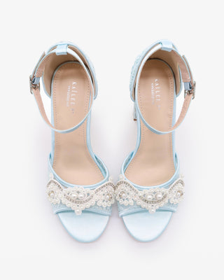 Light Blue Crochet Lace Block Heel Sandals with Small Pearls Applique