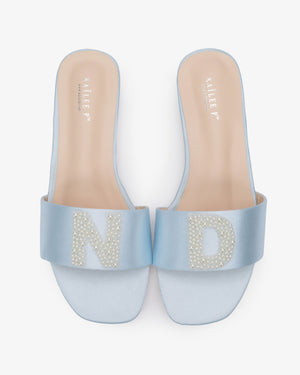 Personalized Satin Slip On Flat Wedding Sandals with All Pearls Letter