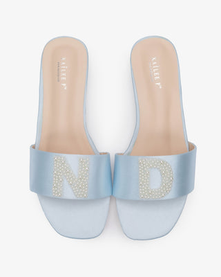 Personalized Satin Slip On Flat Wedding Sandals with All Pearls Letter