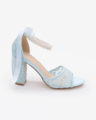 Light Blue Crochet Lace Block Heel Sandals with Double Pearls Ankle Strap