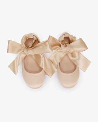 Champagne Satin Ballet Flats with Ankle Tie or Ballerina Lace Up - Satin Ankle Tie Top View