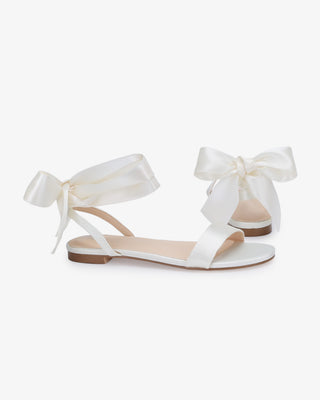 White Girls Satin Flat Sandal with Wrapped Satin Tie, Flower Girls Shoes