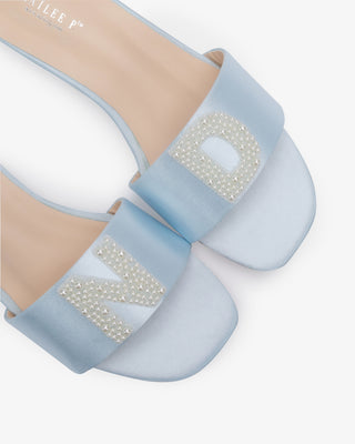Personalized Satin Slip On Flat Wedding Sandals with All Pearls Letter