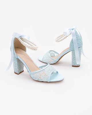 Light Blue Crochet Lace Block Heel Sandals with Double Pearls Ankle Strap