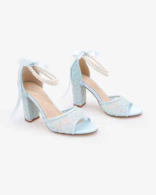 Light Blue Crochet Lace Block Heel Sandals with Double Pearls Ankle Strap