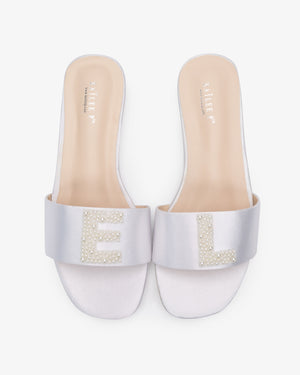 Personalized Satin Slip On Flat Wedding Sandals with All Pearls Letter