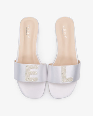 Personalized Satin Slip On Flat Wedding Sandals with All Pearls Letter
