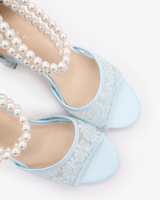 Light Blue Crochet Lace Block Heel Sandals with Double Pearls Ankle Strap