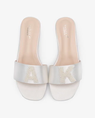 Personalized Satin Slip On Flat Wedding Sandals with All Pearls Letter