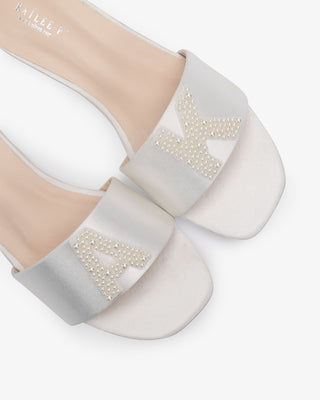 Personalized Satin Slip On Flat Wedding Sandals with All Pearls Letter
