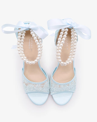 Light Blue Crochet Lace Block Heel Sandals with Double Pearls Ankle Strap