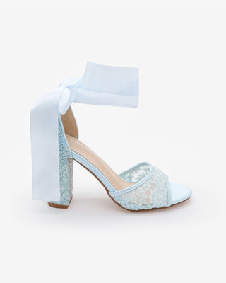 Light Blue Crochet Lace Block Heel Sandals with Wrapped Satin Ribbon Ankle Tie