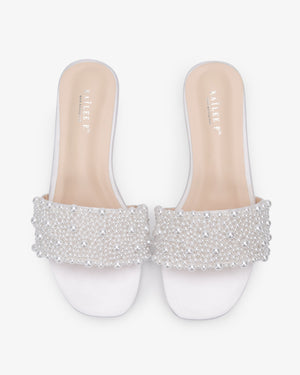 Satin Slip on Wedding Sandals with Perla Applique