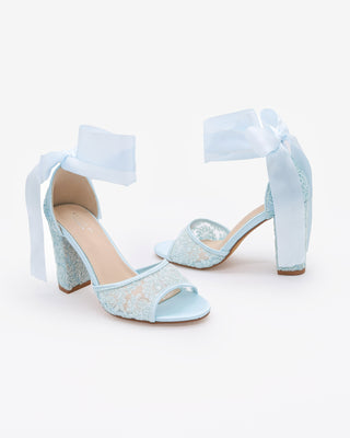 Light Blue Crochet Lace Block Heel Sandals with Wrapped Satin Ribbon Ankle Tie