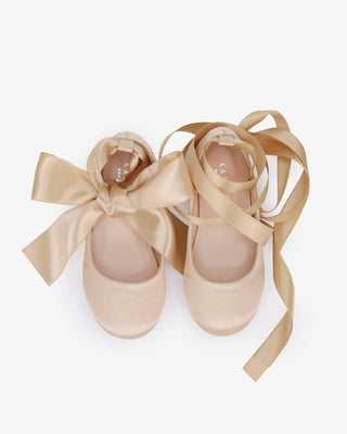 Champagne Satin Ballet Flats with Ankle Tie or Ballerina Lace Up - Top View