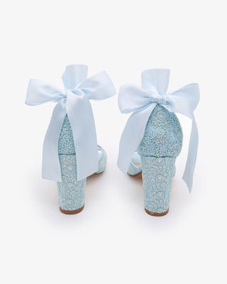 Light Blue Crochet Lace Block Heel Sandals with Wrapped Satin Ribbon Ankle Tie
