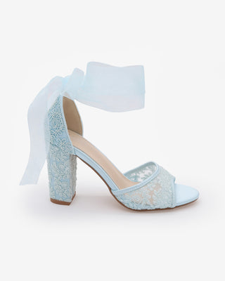 Light Blue Crochet Lace Block Heel Sandals with Wrapped Sheer Ribbon Ankle Tie