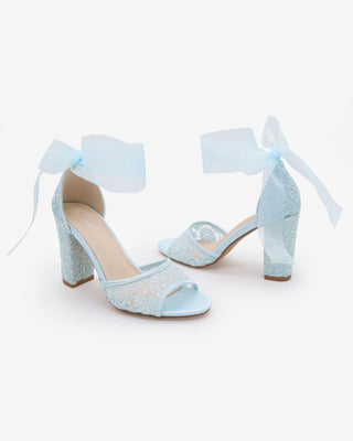 Light Blue Crochet Lace Block Heel Sandals with Wrapped Sheer Ribbon Ankle Tie