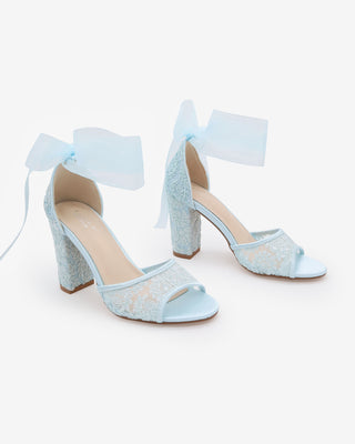 Light Blue Crochet Lace Block Heel Sandals with Wrapped Sheer Ribbon Ankle Tie