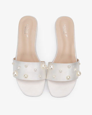 Satin Slip on Wedding Sandals with Scattered Pearls