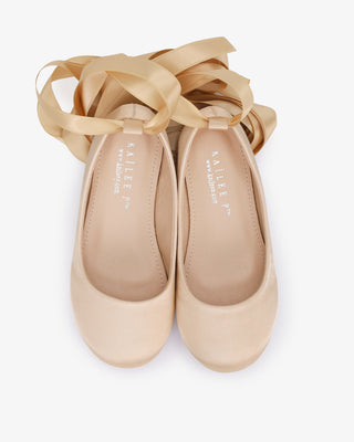 Champagne Satin Ballet Flats with Ankle Tie or Ballerina Lace Up - Satin Lace Up Top View