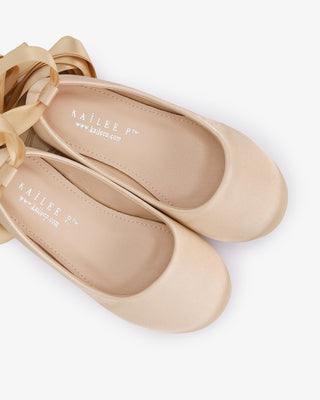 Champagne Satin Ballet Flats with Ankle Tie or Ballerina Lace Up - Satin Lace Up Close-Up