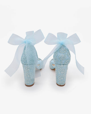Light Blue Crochet Lace Block Heel Sandals with Wrapped Sheer Ribbon Ankle Tie