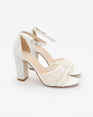 White Crochet Lace Block Heel Wedding Sandals with ankle strap
